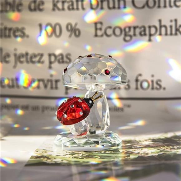 Crystal Ladybug on Mushroom Figurine Statues Home Table Decoration Ornament - Picture 4 of 6
